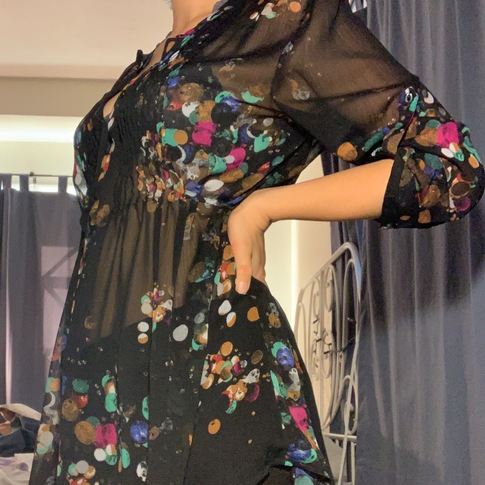 Black Mesh Blouse with Colorful Pattern